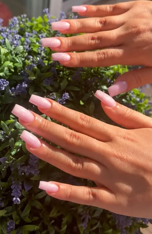 Unghie lunghe rosa tenue, mani tra le piante di lavanda davanti al centro